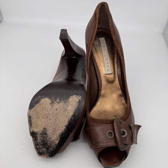 Pura Lopez Womens Leather Buckle Heel Shoes Size US 9 Brown Open Toe Y2K Office - Picture 9 of 11